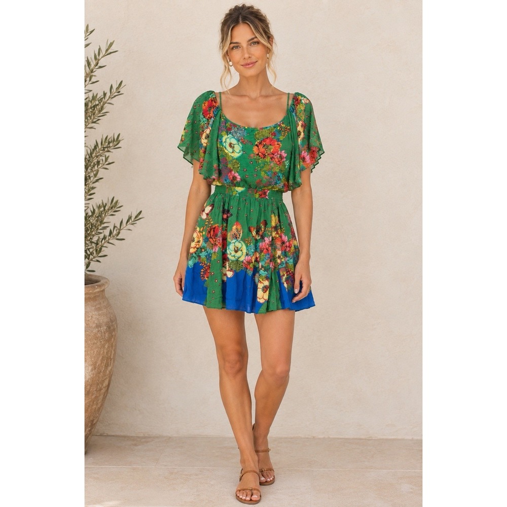Farm Rio Floral Mini Dress Size Medium In Green Vacation Resort Open Back Flirty